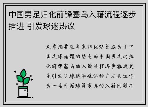中国男足归化前锋塞鸟入籍流程逐步推进 引发球迷热议 中国男足归化前锋塞鸟入籍流程逐步推进 引发球迷热议